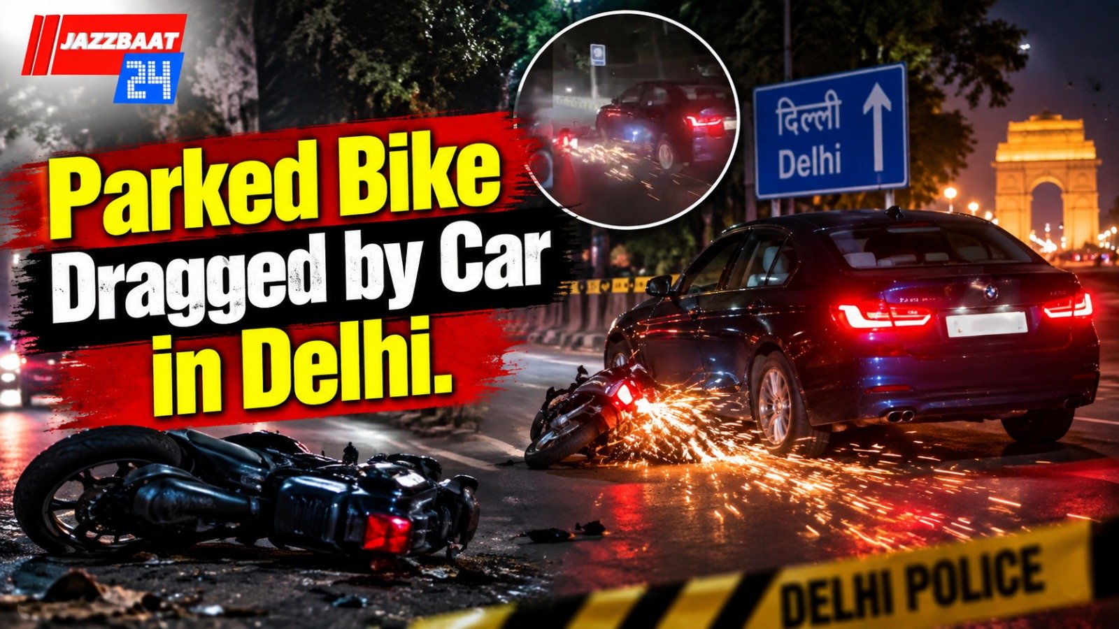 Parked Bike Dragged by Car in Delhi