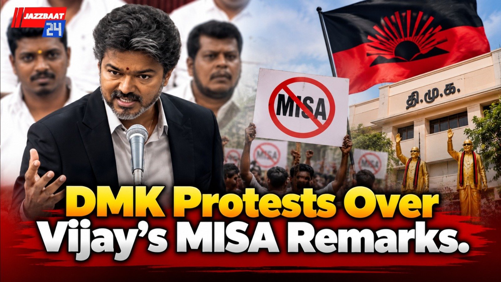 DMK Protests Over Vijay’s MISA Remarks